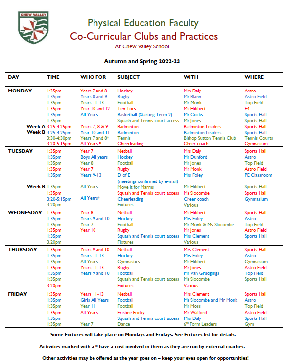 ChewValleyPE's tweet photo. @ChewValleyPE @ChewValleySch Sports information for next week and co curricular information for Term 3 and 4! #getinvolved #opportunities #partcipation #performance https://t.co/hZY23FpaqK