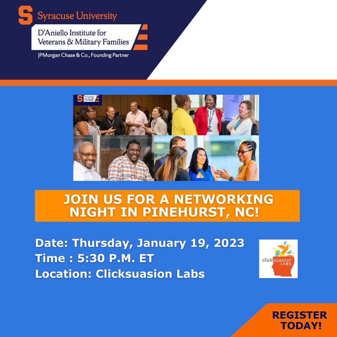 IVMF program grads, join us for a networking event at @Clicksuasion Labs hosted by IVMF alum, <a href="/mbarberausa/">Dr. Michael Barbera</a>! Connect with the IVMF program community in NC &amp; meet staff from the IVMF. Don't miss out on this chance to build your professional network! eventbrite.com/e/ivmf-network…