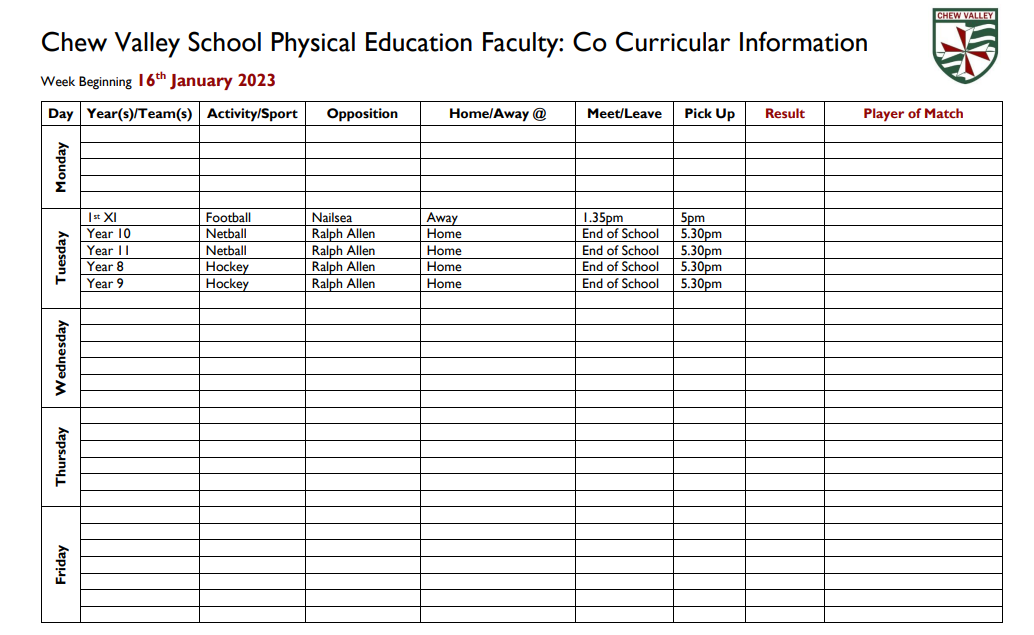 ChewValleyPE's tweet photo. @ChewValleyPE @ChewValleySch Sports information for next week and co curricular information for Term 3 and 4! #getinvolved #opportunities #partcipation #performance https://t.co/hZY23FpaqK