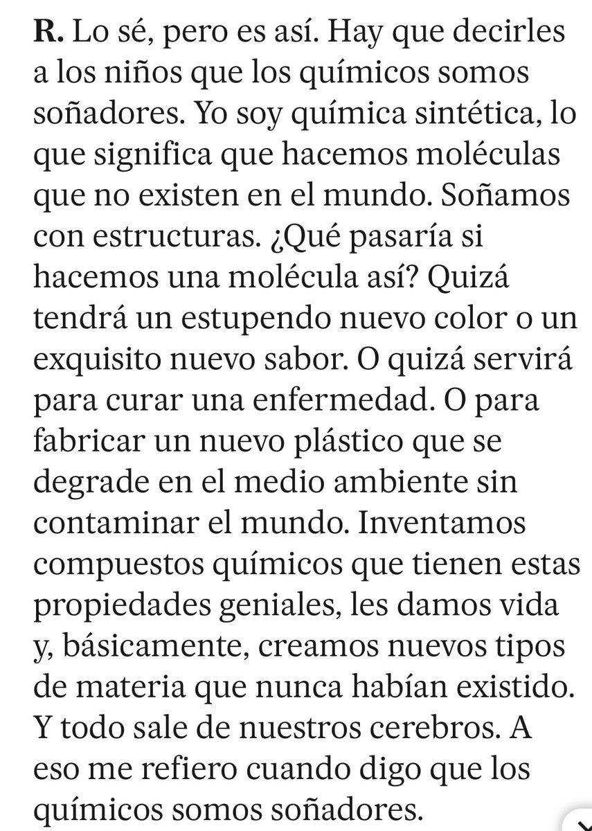Héctor Busto (@hebusto) on Twitter photo “Hay que decirles a los niños que los químicos somos soñadores. Yo soy química sintética, lo que significa que hacemos moléculas que no existen en el mundo. Soñamos con estructuras.” Palabra de premio Nobel. Palabra de <a href="/CarolynBertozzi/">Carolyn Bertozzi</a>: elpais.com/ciencia/2023-0… “Hay que decirles a los niños que los químicos somos soñadores. Yo soy química sintética, lo que significa que hacemos moléculas que no existen en el mundo. Soñamos con estructuras.” Palabra de premio Nobel. Palabra de <a href="/CarolynBertozzi/">Carolyn Bertozzi</a>: elpais.com/ciencia/2023-0…