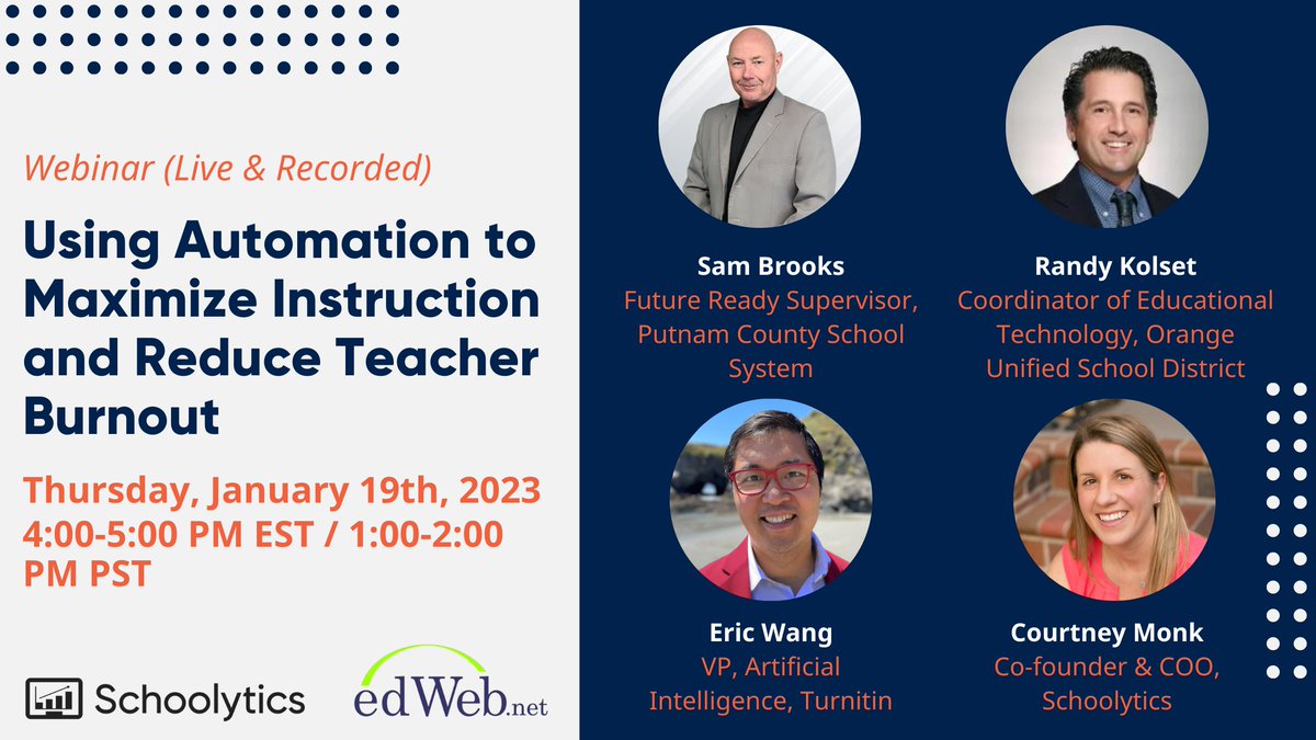 Excited to be hosting a panel discussion next week on how #automation can reduce #teacherburnout in education. Please join me and our distinguished guests Eric Wang, Randy Kolset, and Sam Brooks on January 19th at 4pm ET. Register here: lnkd.in/gY5RpVXB