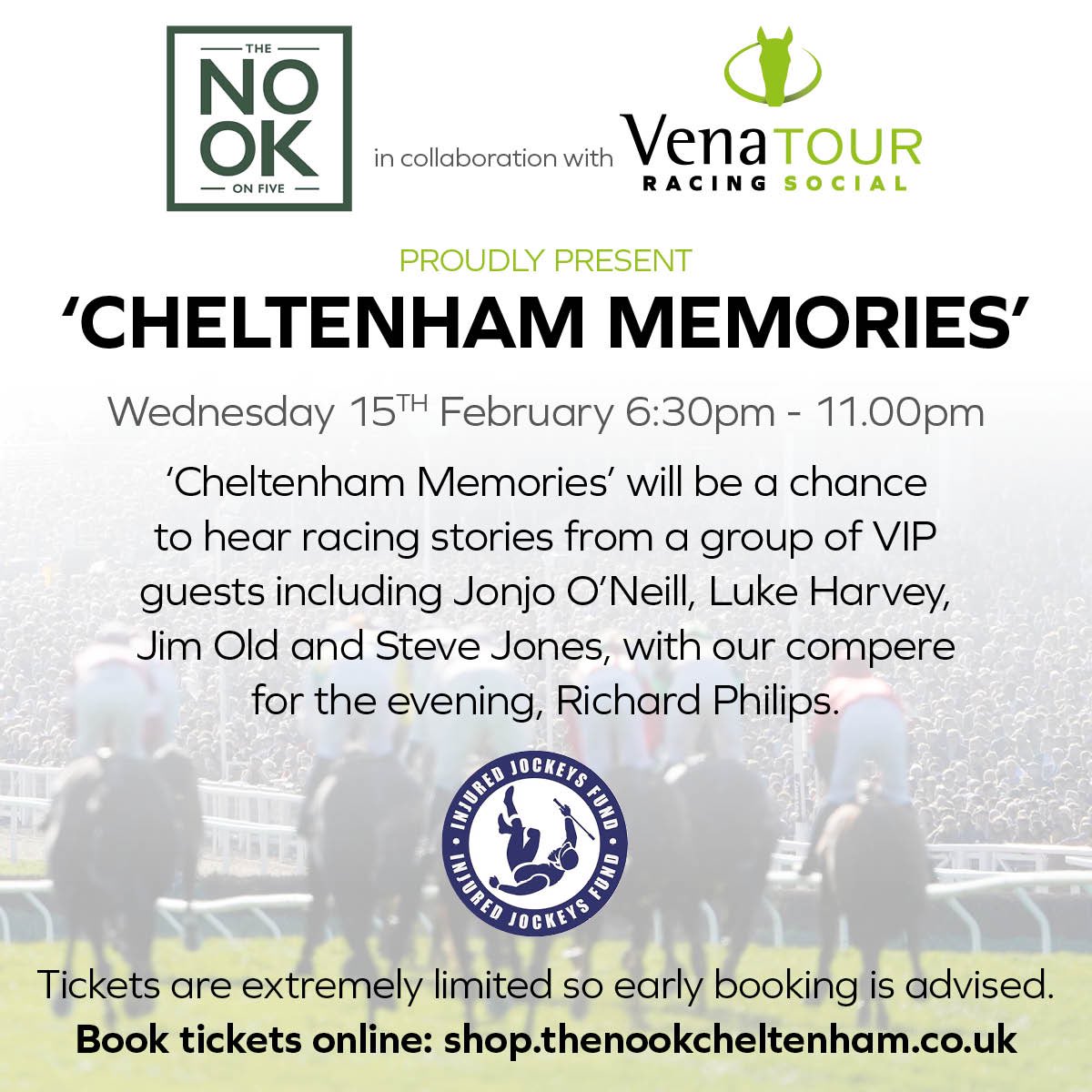 Exciting Evening Announced! 

A trip down memory Lane with:

@JonjoONeill 
<a href="/LeglockLuke/">Luke harvey</a> 
<a href="/RTPhillips1/">Richard Phillips Racing</a> 
<a href="/sjracingmedia/">Steve Jones</a> 
<a href="/JimOldRacing/">Jim Old Racing</a> 

Being held at Cheltenham’s only rooftop restaurant, The Nook On Five in conjunction with <a href="/VenatourTravel/">Venatour Sports Travel</a> and <a href="/RacingSocialapp/">Racing Social</a> 

Book early ⬇️