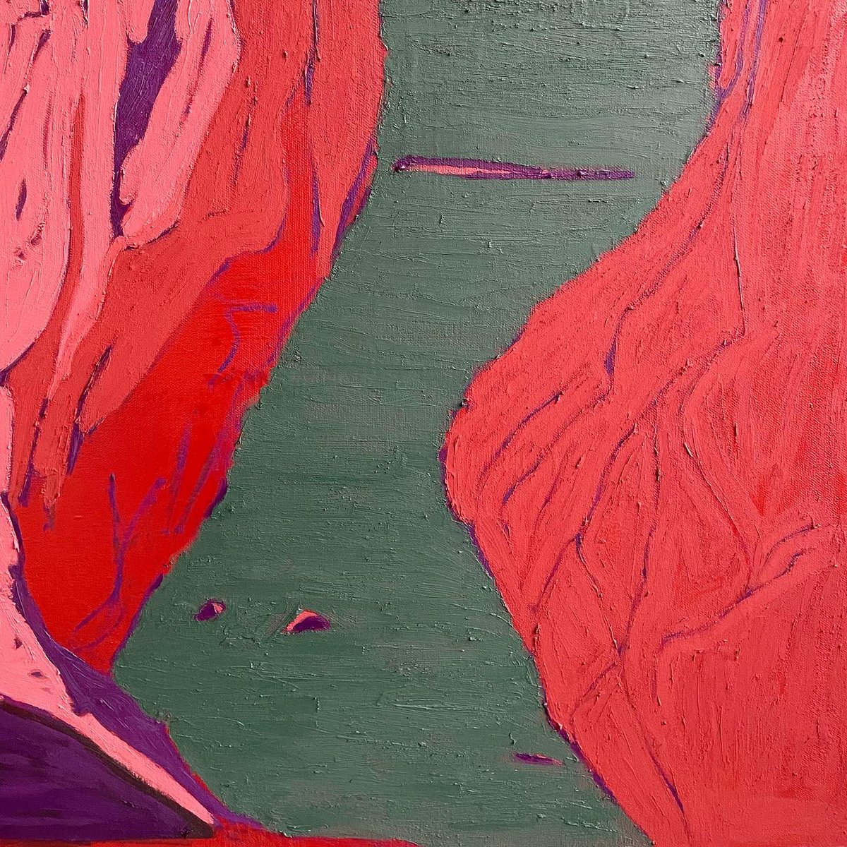 I have been working hard into the New year on my latest series of 4 large scale paintings. 

Singular Path II, oil on canvas, 160x110cm. This is first to be resolved of a conversation with red, violet &amp; green made from pigment. 
Now allowing the pigments to dry. #inseries #paint