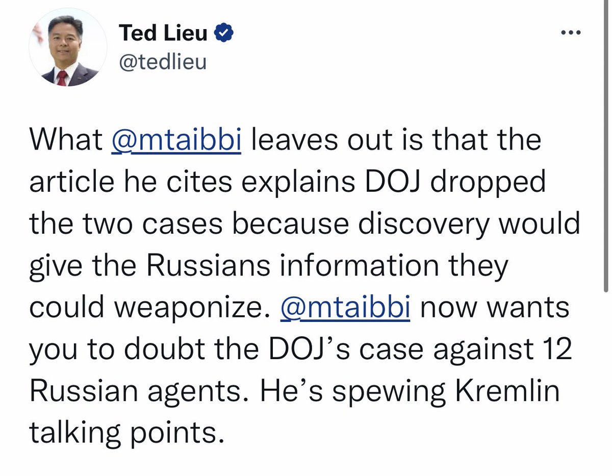 @mtaibbi @roywill49500907 #InLieu of credible and honest engagement, congressmen @tedlieu engages in #mccarthyism and #redbaiting. The is is why we cannot trust government.