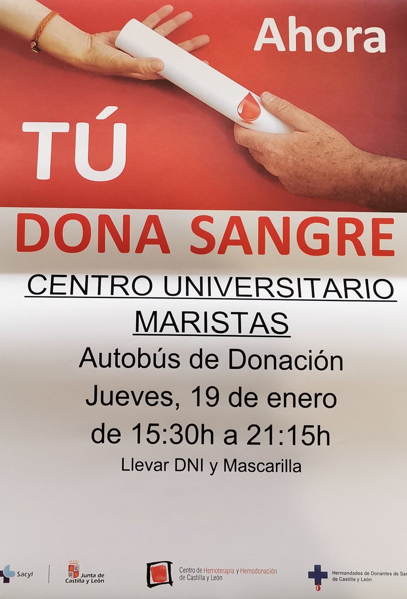MSalCha's tweet photo. #DONASANGRE el jueves 19 de enero te esperamos en el Centro Universitario Marista (CUM) de 15.30 h. a 21.15 h
No olvides llevar DNI.
¡Juntos logramos más! 💪🏻✨ https://t.co/uAV1Enwx1r