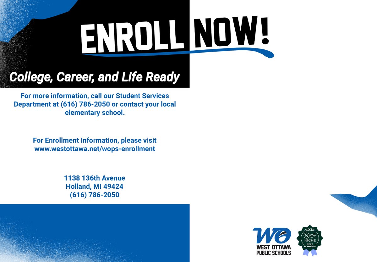 Interested in enrolling your children in the West Ottawa School District for Pre-Kindergarten and/or Kindergarten in the fall of 2023? We have the event for you! Be on the lookout for mailers early next week and save the date of 1.26.23!

#GoWO 
#WeareOne