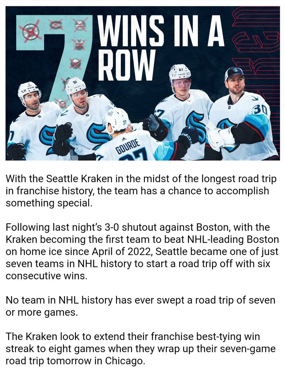 EmeraldCityHky's tweet photo. Email from @SeattleKrakenPR:

"No team in NHL history has ever swept a road trip of seven or more games."

#SEAKraken would be the first with a win over Chicago tomorrow. https://t.co/T8lYq6AVHZ