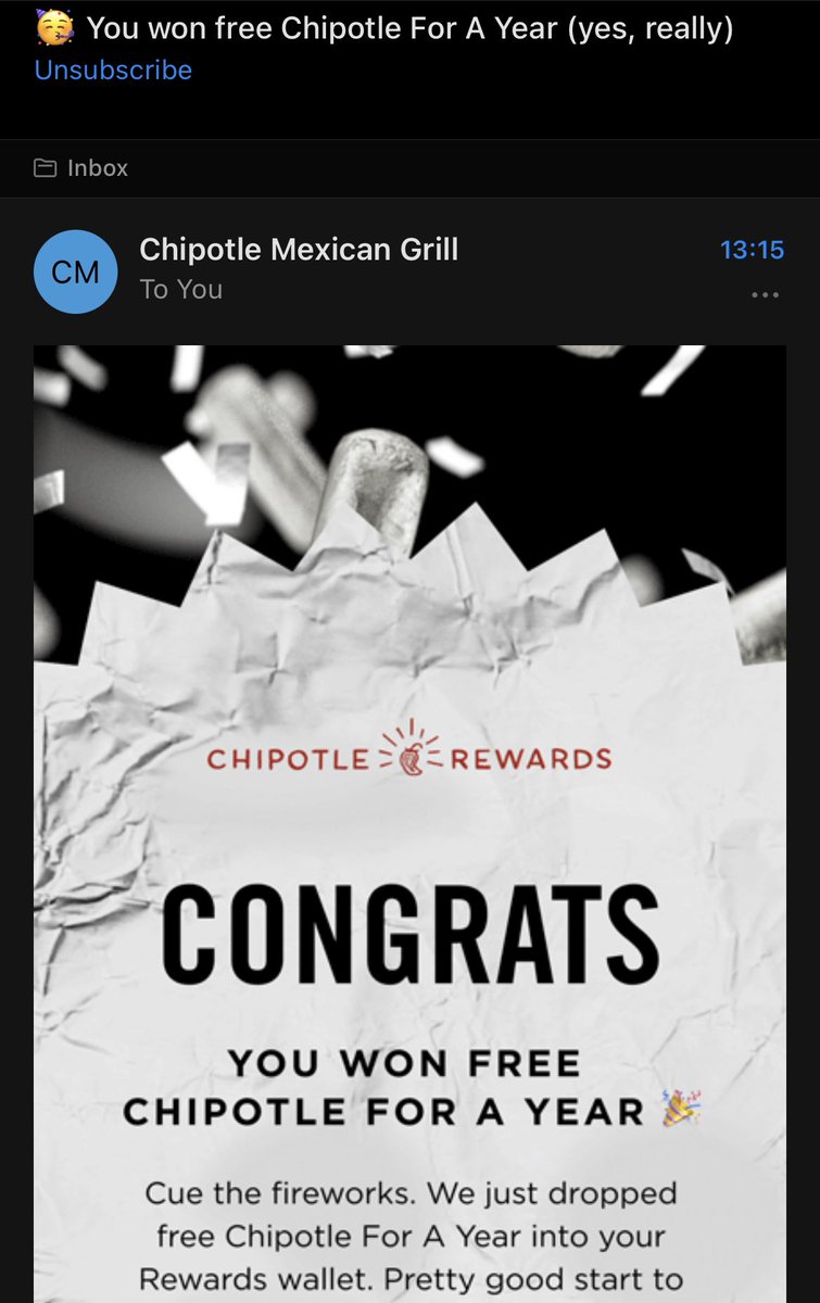 Howester's tweet photo. @ChipotleTweets wait is this for real?! This email is about as unambiguous as they get but I don’t have anything in my rewards wallet… is this a mistake or did you just make my whole decade? https://t.co/ZvsRSIIdPA