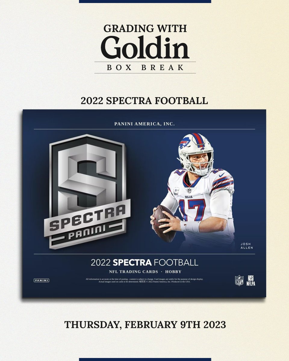 GoldinCo's tweet image. If you missed our last #GradingWithGoldin #BoxBreak, there's still time to qualify for the next one! Next up: we're breaking one box of 2022 Spectra Football!

Go to goldin.co/grading to see how to become eligible.