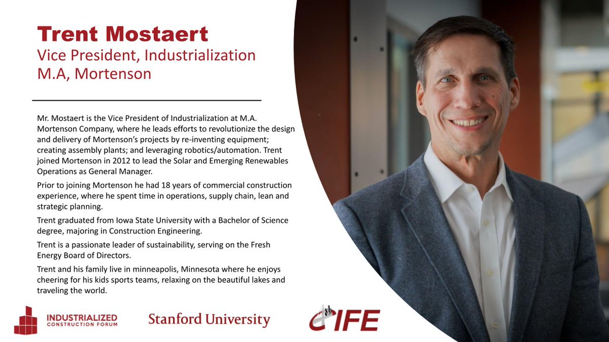 Trent Mostaert, Vice President at Mortenson, will join us on February 7th 2023 at the Industrialized Construction Forum.
Read more about him and his work below!