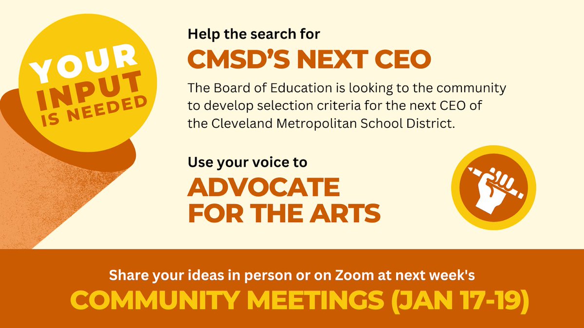 Arts Impact sees firsthand how critical the arts are for CMSD students' growth, achievement, and self-confidence.

If you want a CEO who prioritizes arts education, please share your thoughts at next week's community discussions. 

Details here:
clevelandmetroschools.org/cms/lib/OH0191…