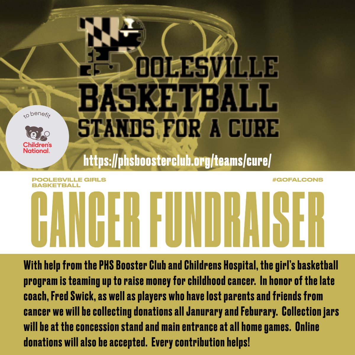 Help the Poolesville Girls Basketball Team Stand up to Cancer.  Donate at home games or online.  Every little bit helps! phsboosterclub.org/teams/cure/  #WERaise @PHSFalcons18 @PHSathletics @MrCarothersPHS @MCPSAthletics