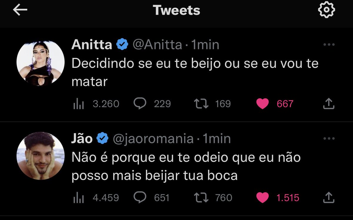 updatecharts's tweet photo. 🚨 VEJA: Anitta e Jão via Twitter. Internautas especulam feat, será que vem aí? 👀 https://t.co/YExrtwzyUt