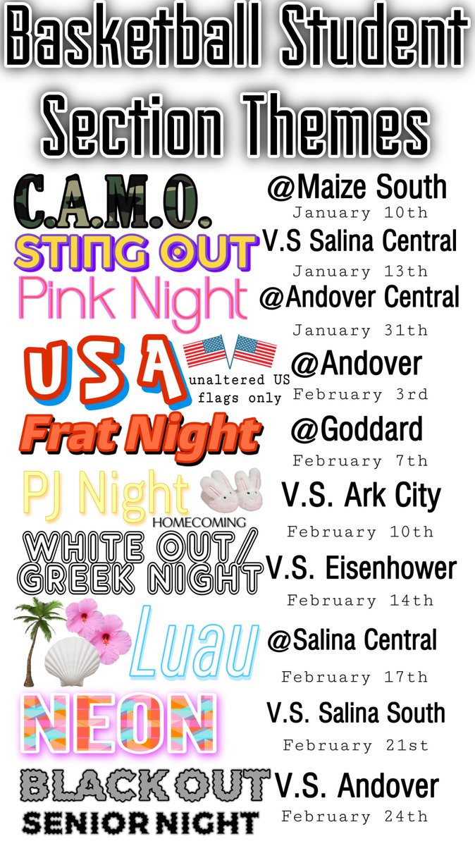 Basketball Student Section Themes for the remainder of the season! Come dressed in your best Valley Center gear tonight to support your Hornets.🏀