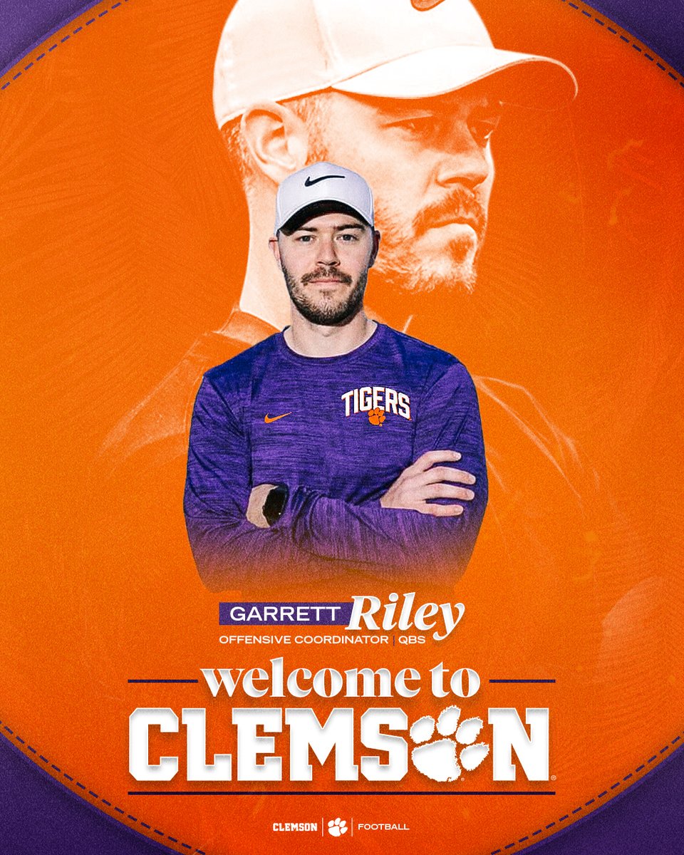 Clemson Family, meet Coach Riley.

"I am excited to see what we can accomplish with the young quarterbacks and dynamic playmakers we have on our roster here at Clemson and hopefully light up the scoreboard at Death Valley in 2023.” - Dabo Swinney

📰: clemsontigers.com/clemson-hires-…