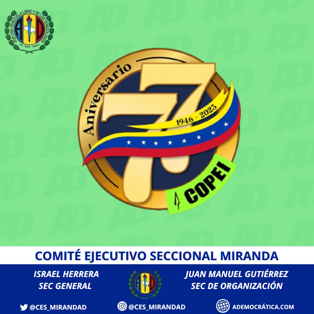 CES_MirandAD's tweet photo. Desde la Seccional AD-Miranda felicitamos a los compañeros de @Copei_Partido por sus 77 años de historia y luchas por la democracia.
Desde #ADMiranda le damos un abrazo BLANCO,deseándoles un feliz aniversario.
#VolveremosAMiraflores
@adbernabe
@ADIsraelHerrera
@juangutierrez20 https://t.co/AYMblGhQne