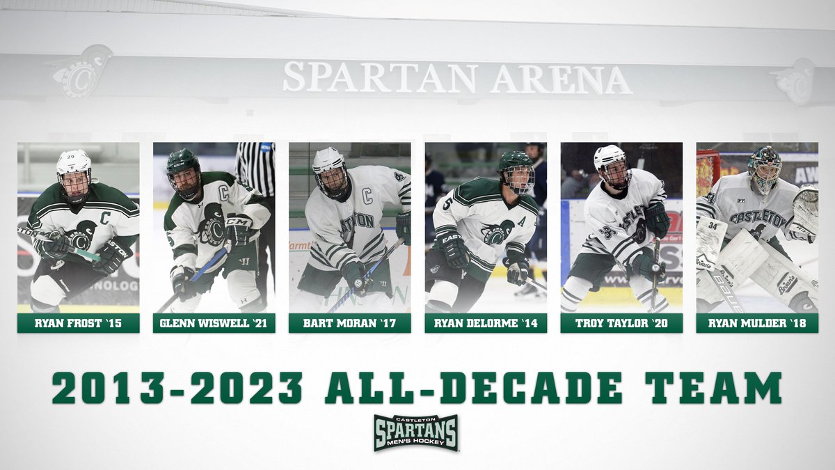 The best of the best from the last 10 years of <a href="/CastletonMHky/">CU Spartans Men's Hockey</a> will be honored Jan. 21 at Spartan Arena! 

Ryan Frost '15, Glenn Wiswell '21, Bart Moran '17, Ryan Delorme '14, Troy Taylor '20 and Ryan Mulder '18 comprise the 2013-23 All-Decade Team!

INFO: castletonsports.com/news/2023/1/13…