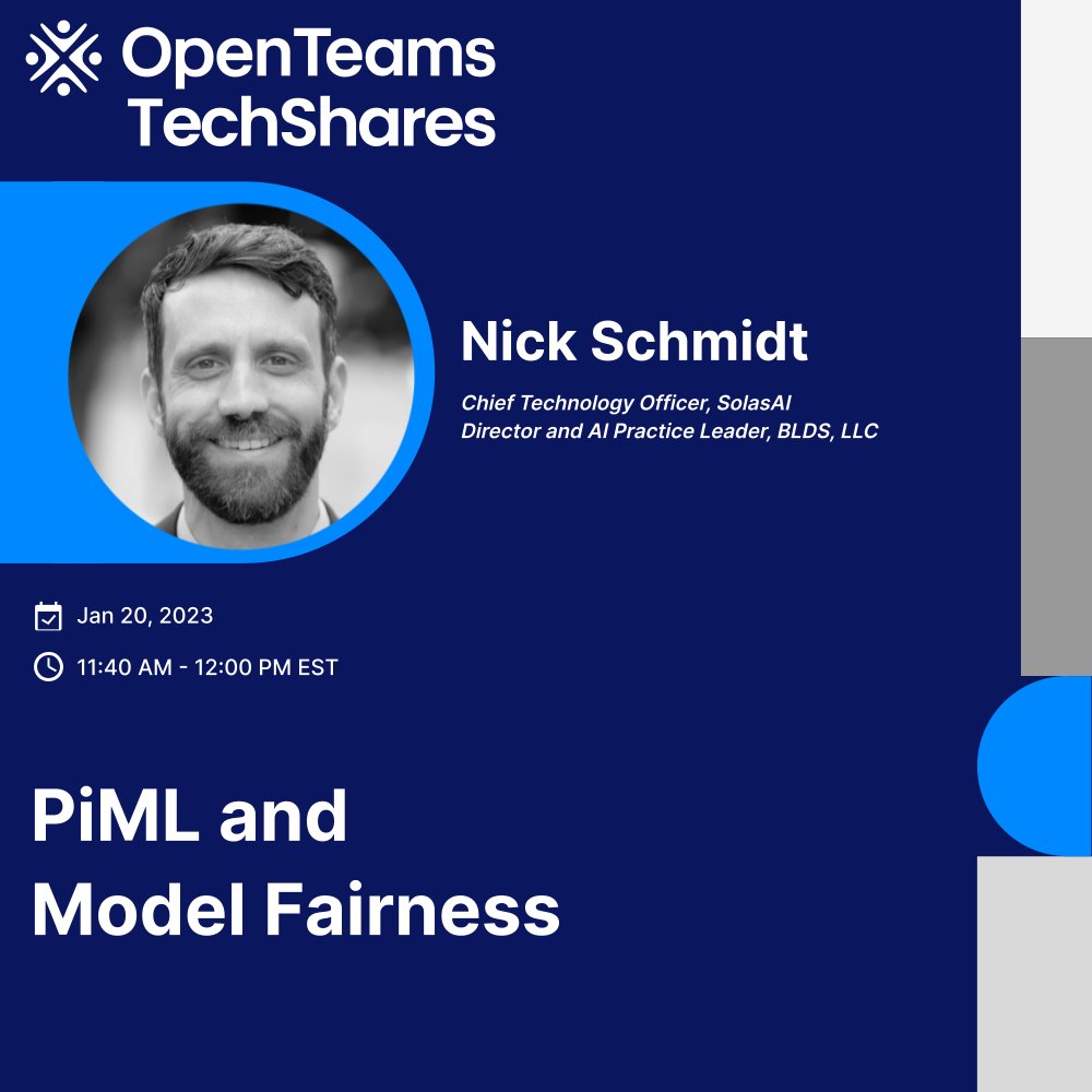 openteamsinc's tweet image. ML models can internalize latent biases/inequities from training datasets and manifest them in production. Learn from Nicholas Schmidt, CTO of @solas_ai, how PiML can help you easily screen your models.

🗓️ Jan 20
🕚 11:40 AM EST

Register: hopin.com/events/quality…

#TechShares