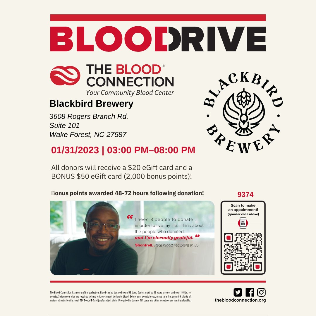 Join our first blood drive here at Blackbird Brewery January 31st from 3:00-8:00 PM. You MUST sign up in advance! Scan the QR code to sign up now or visit our blog post to learn more! blackbirdbeer.com/blog/why-donat…
#bloodconnection #donateblood #DonateBloodSaveLife #blackbirdbrewery