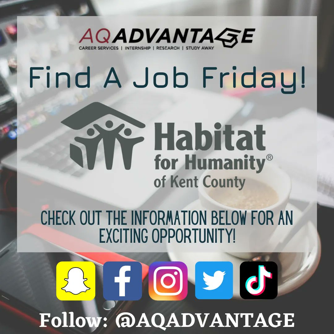aq_advantage's tweet photo. The first #FindAJobFriday of 2023 will highlight @habitatkent! They are currently seeking applicants for a Community Outreach Coordinator. For more information - see their job posting on Handshake! https://t.co/mvKeYrFoeq