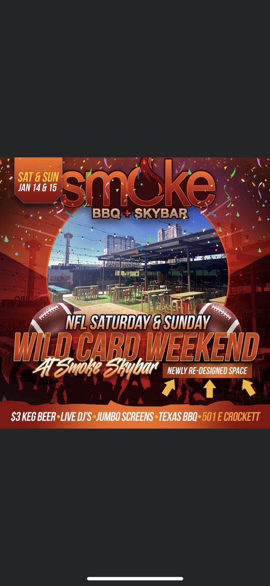 Smoke BBQ+Skybar has your NFL Wild Card Weekend Games covered ALL WEEKEND! Come out and enjoy our Newly Re-Designed Space, Games on our Big Screens, Texas BBQ, Drink Specials, LIVE DJ's and more! Smoke is located at 501 E Crockett.