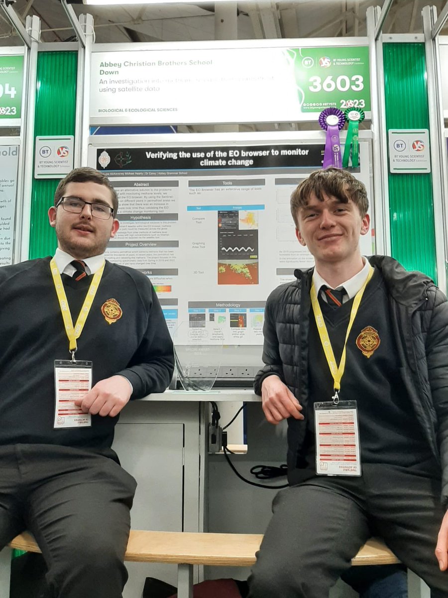 CSOIreland's tweet photo. Winners of the "Best Use of CSO Data" at #BTYSTE2023
@MichaelHearty4 & Luke McKeveney pictured with their winning project
- Verifying the Use of the EO Browser to Monitor Climate Change.
Well done and congrats on winning the @CSOIreland award.
👏🎉
#AskCSO #BTYSTE @Abbey_CBS https://t.co/D2N1ZndAfn