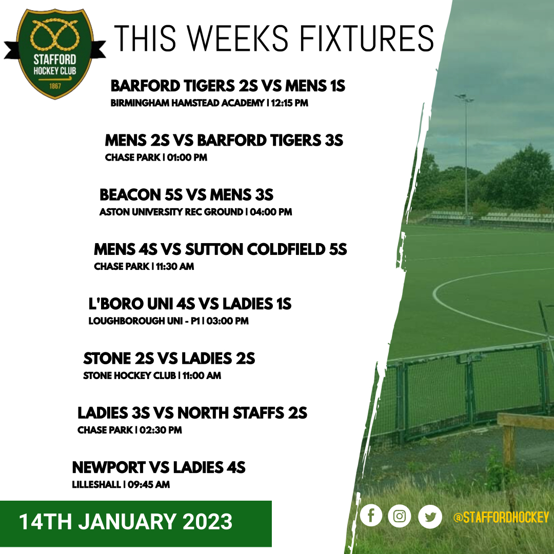 Fixtures for the weekend!

Lets Go <a href="/StaffordHockey/">Stafford Hockey Club</a> 

#teamstafford
#hockeyfamily

<a href="/MarketDraytonHC/">Market Drayton HC</a> 
<a href="/Stonehockeyclub/">Stone Hockey Club</a> 
<a href="/tigers_hockey/">Barford Tigers HC</a> 
<a href="/BeaconHC_/">Beacon Hockey Club</a> 
<a href="/lswhc_/">Loughborough Students Women's Hockey Club</a> 
<a href="/NorthStaffsHC/">North Stafford HC</a> 
<a href="/NewportHC/">Newport Hockey Club</a> 
<a href="/SutColHockey/">Sutton Coldfield HC</a>