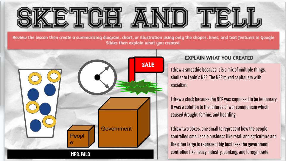 MrsPalo's tweet image. Exploring Lenin&apos;s New Economic Policy in World Civ this week. Another fab #sketchandtell.