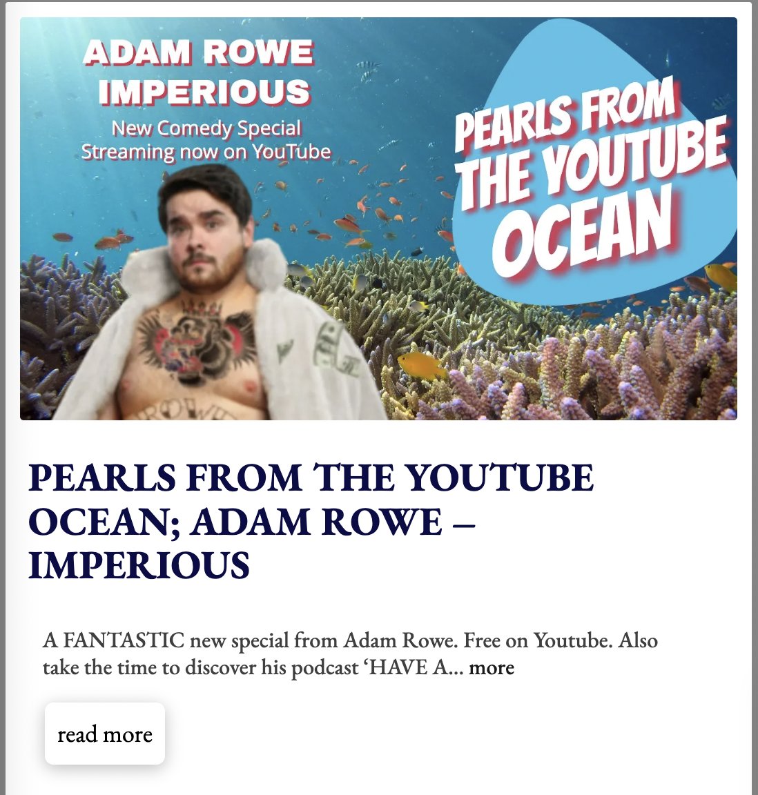 MikeBinderjokes's tweet photo. @adamrowecomedy has a funny-ass new special IMPERIOUS. FREE ON YOUTUBE. First class! Read about it/him on https://t.co/DnvjHSrWNt (Also YOUTUBE COMEDY OF THE DAY) #standupworld #mikebinder #adamrowe #standupcomedy https://t.co/3nZXa397nF