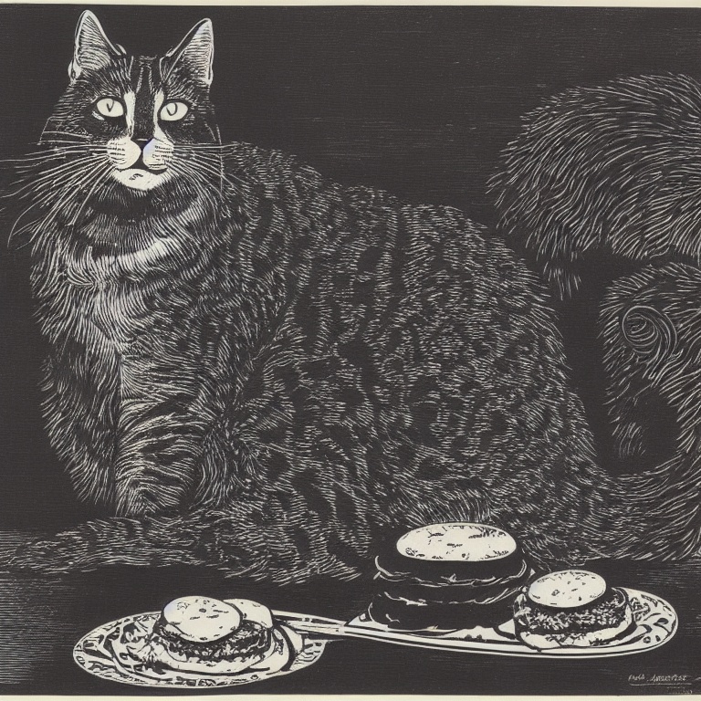 diffuse_store's tweet photo. cat and hamburger, linocut, woodcut, 1897, black and white print. 🤖 created by AI algorithm 🤖

#aiart #aiartcommunity #aiartist #aiartdaily #stablediffusion #stablediffusionai #stablediffusionart #homedecor #interiordesign #framedart #woodcutprint #woodcut https://t.co/khAR7rxCxj