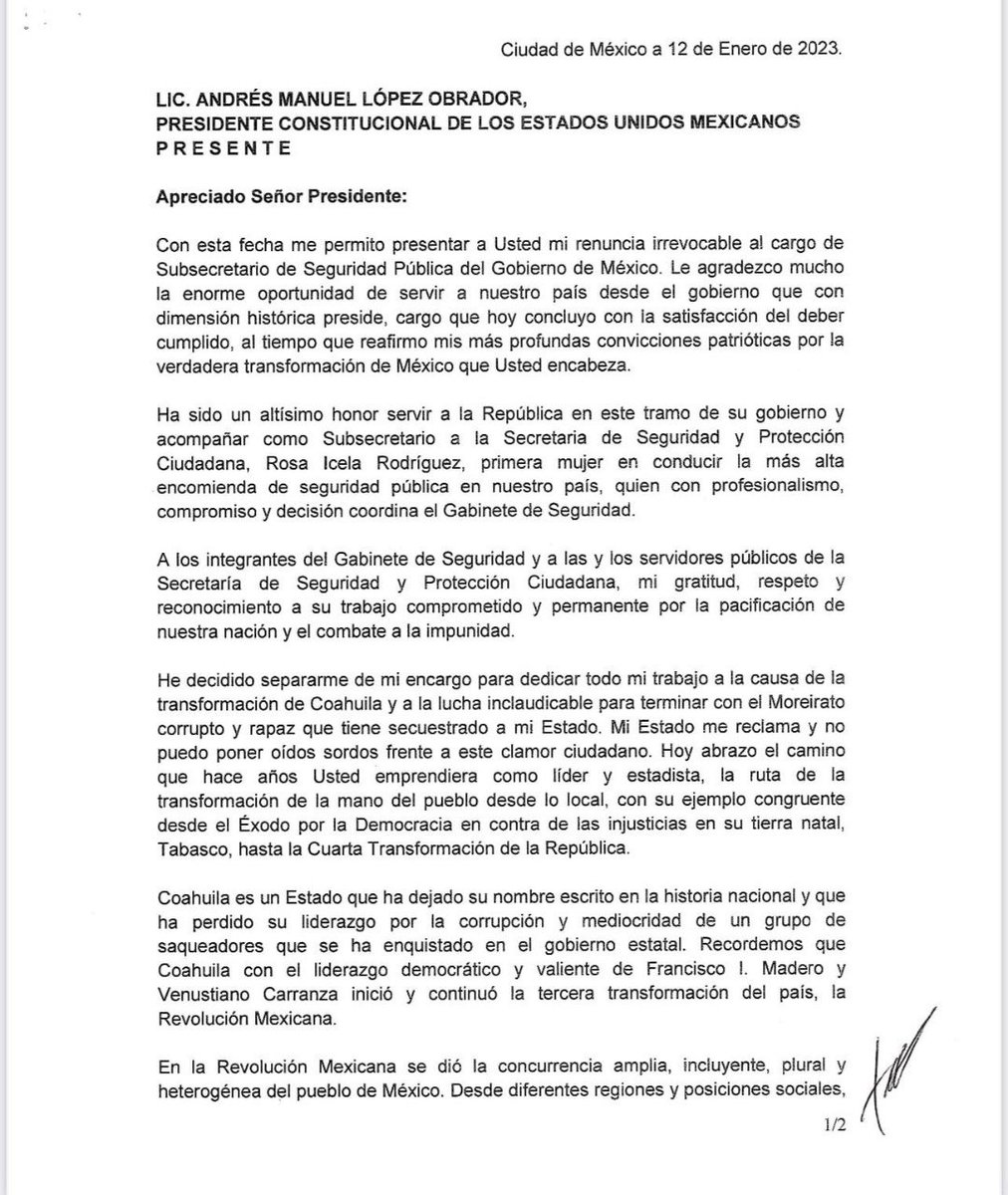 Adela_Micha's tweet photo. 🚨#AHORA | Luego de no ser elegido como abanderado de Morena para la elección de #Coahuila, el subsecretario de Seguridad, Ricardo Mejía Berdeja (@RicardoMeb) RENUNCIA al cargo con esta carta dirigida al Presidente @lopezobrador_ https://t.co/Nqmv9EF6ti
