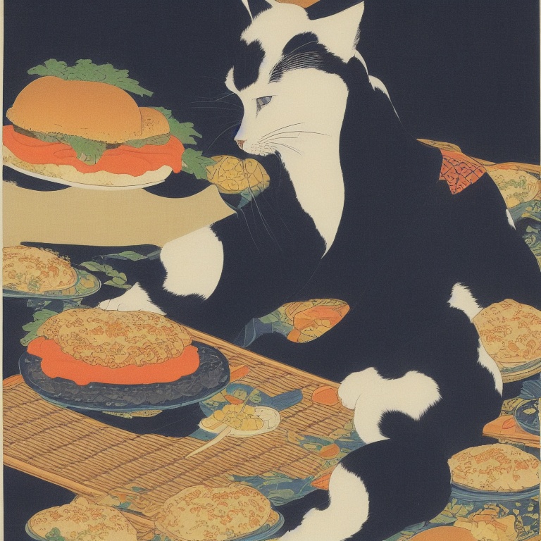 diffuse_store's tweet photo. portrait of cat wearing kimono eating a hamburger in the style of japanese ukyio-e woodblock print, hokusai. 🤖 created by AI algorithm 🤖

#aiart #aiartist #stablediffusion #stablediffusionai #stablediffusionart #interiordesign #framedart #hokusai #ukiyoe #woodblockprint https://t.co/u4eWUrT5OV