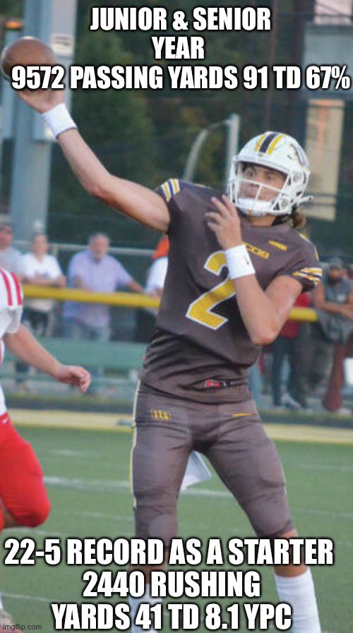 RealTimBailey's tweet photo. I feel the urge to send this reminder every now and again. 

A 6’6 210 pound QB

Who has over 10k all purpose yards and 100 TD+ responsible for the last 2 high school seasons, STILL doesn’t have an FBS offer. Somehow two other QBs in Ohio D3 have signed with FBS programs https://t.co/SZAfObC1qe
