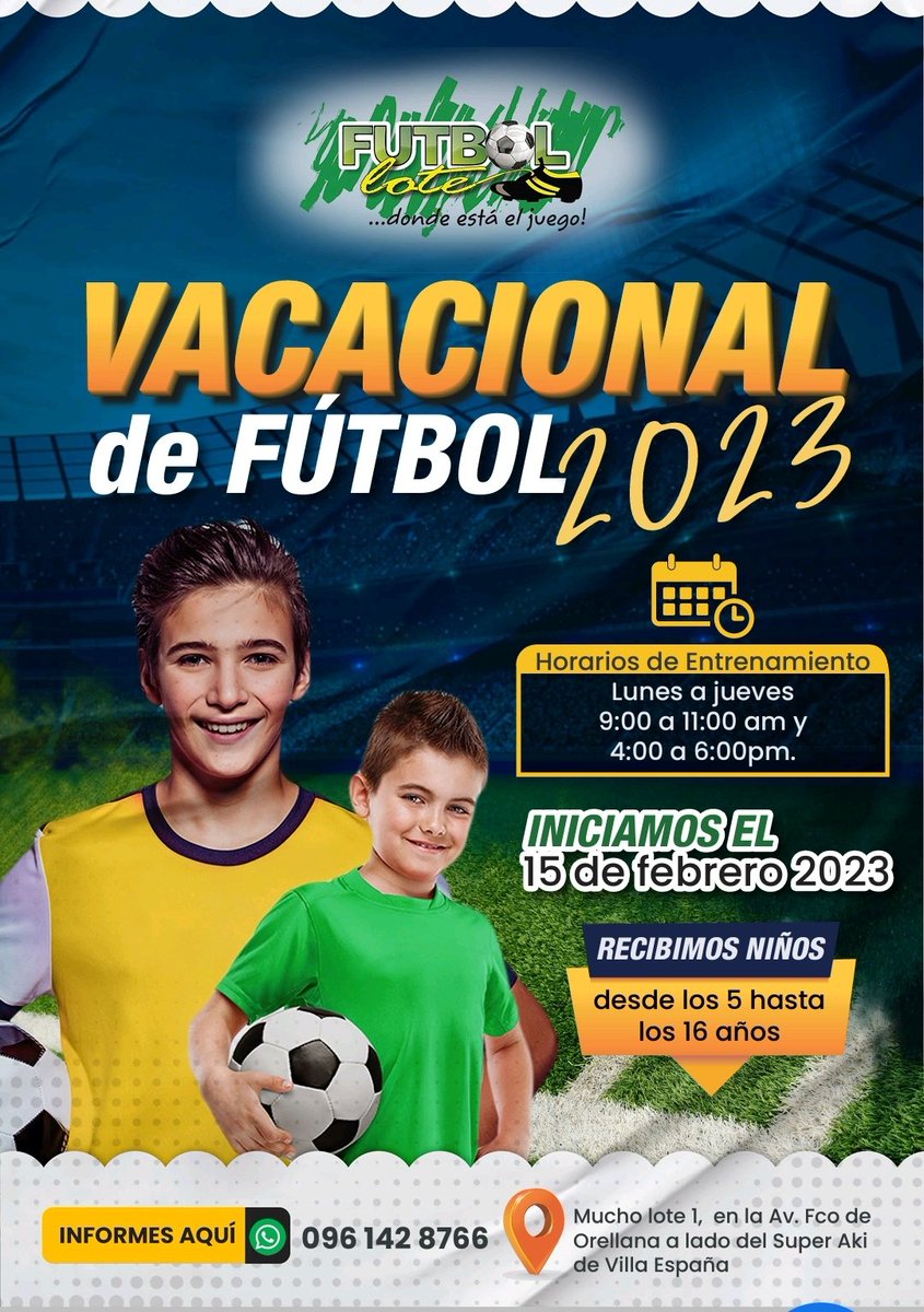 Vacacional de Fútbol FUTBOLOTE 2023
Inicio: 15 de febrero 2023
Los días de entrenamientos son: Lunes a jueves en el horarios de  9:00 a 11:00 am y  4:00 a 6:00pm.
➡️ Costos: 
$30.00 (incluido uniforme)
$35.00 Mensualidad
#vacacional #Guayaquil #saludydeporte #vacacionalguayaquil