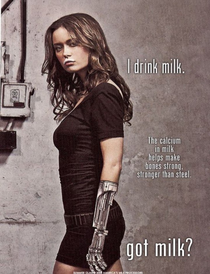 DanielB42739700's tweet image. Summer Glau as Cameron in an advert for the Got Milk campaign. 
Terminator: The Sarah Connor Chronicles debuted on this date 15 years ago. 

#SummerGlau #Terminator 
#TSCC #scifi #gotmilk