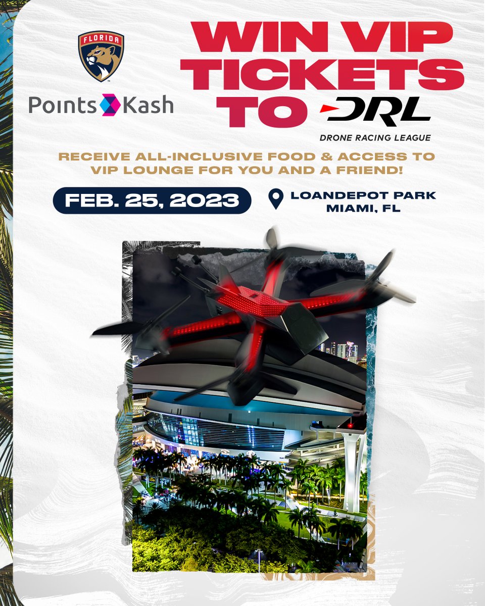 FlaPanthers's tweet photo. Zoomin' around the city 🎮

Enter to win VIP tickets to the @DroneRaceLeague competition at @loanDepotpark on February 25 courtesy of @PointsKash.

📝 » https://t.co/veq1nQ6wj0 https://t.co/7gX6ULDgws