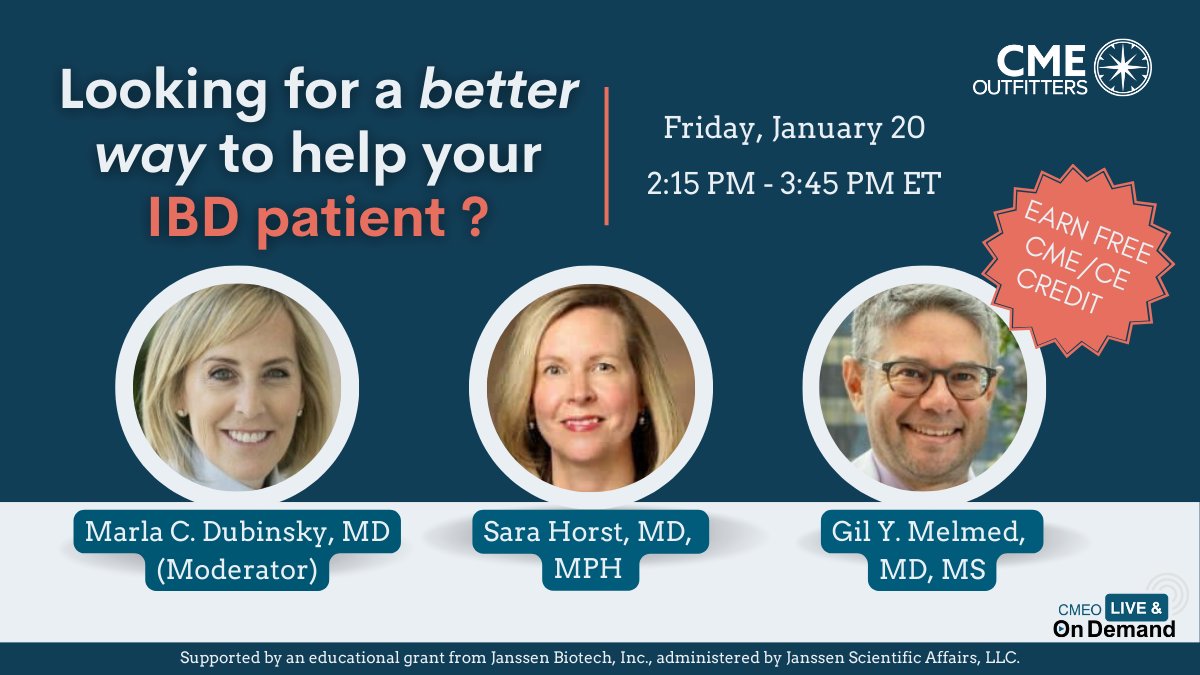 cmeoutfitters's tweet photo. ❓ Looking for new #IBD therapies to better help patients?
Learn the latest #IBDtreatment including #biologictherapy w/Dr. Marla Dubinsky, @HorstIBDDoc & @GilMelmedMD Jan 20 - 2:15p ET
Sign up & earn 🆓 credit👉 https://t.co/bEOz4DnCbt
#CCCongress23 #GITwitter #IBDtreatment https://t.co/H25K9oqST9