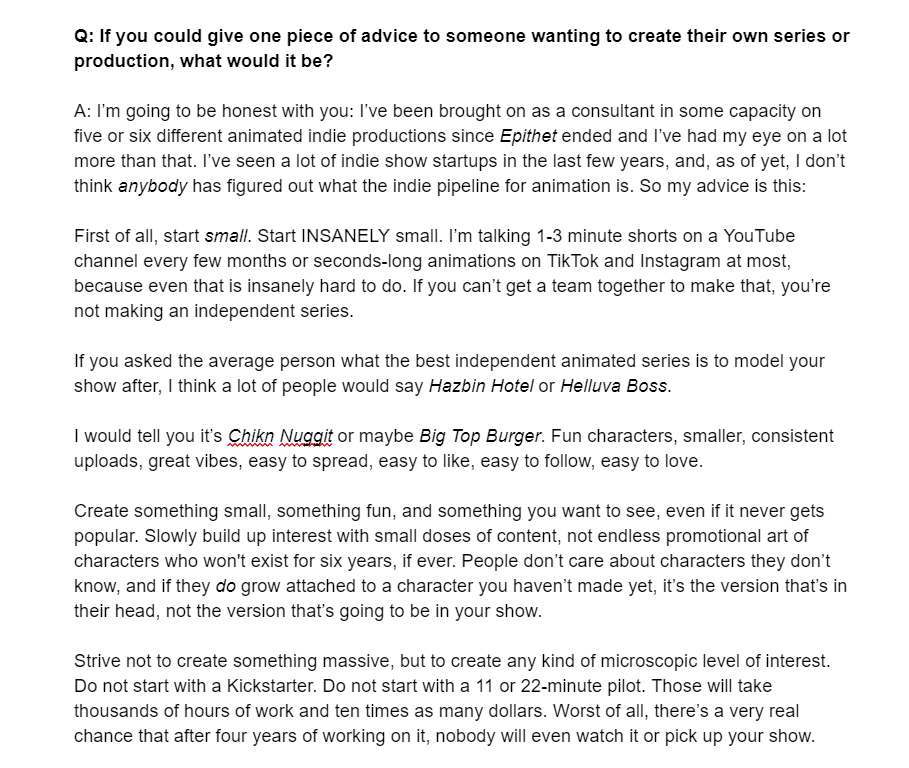 BrendanBlaber's tweet photo. Someone asked me to answer some questions about Epithet Erased and the state of indie animation in general.

They asked what my advice to creators who want to make their own show is, and I thought I'd share my answer since I know like 100 people who might need to see this. https://t.co/ywn3kvQtbV