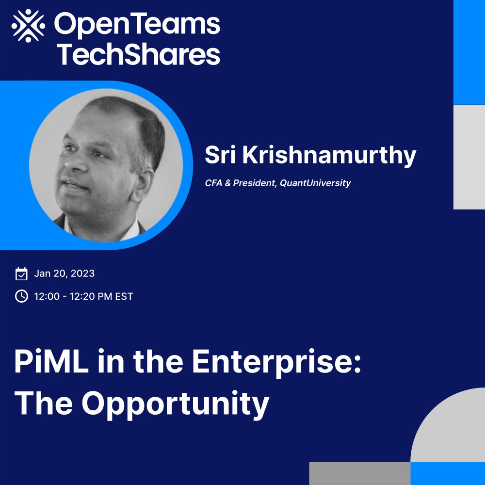 openteamsinc's tweet image. ML represents enormous potential value to enterprise, albeit significant potential risk if used poorly. In this session @srikris, President of @QuantUniversity, discusses PiML as applied to enterprise ML.

🗓️ Jan 20
🕚 Noon EST

Register: hopin.com/events/quality…

#TechShares