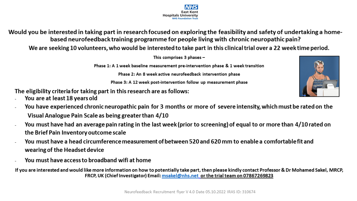 K_neurorobotics's tweet photo. Do you experience chronic neuropathic pain? Opportunity to participate in #clinicalresearch trial. We are recruiting 🙌 in #UK contact @DrSakel #chronicpain #neuroscience #neurofeedback @CrossSpecialty @KBIFBD https://t.co/VHhXwKHoqm