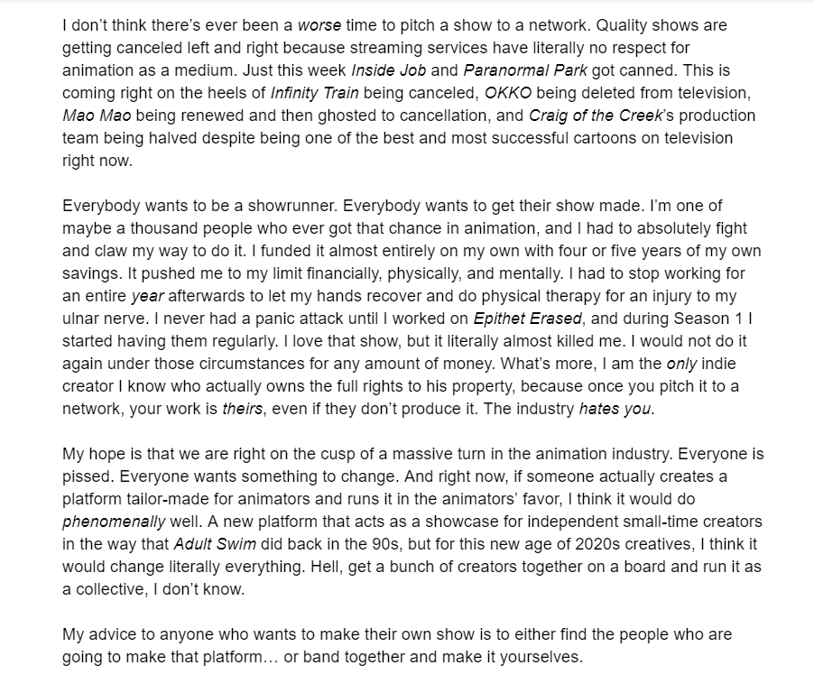 BrendanBlaber's tweet photo. Someone asked me to answer some questions about Epithet Erased and the state of indie animation in general.

They asked what my advice to creators who want to make their own show is, and I thought I'd share my answer since I know like 100 people who might need to see this. https://t.co/ywn3kvQtbV