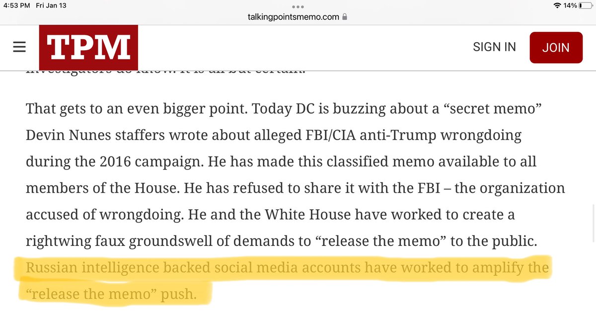 And what “Kremlin talking points” are those, Josh? That Twitter had zero evidence Russians were behind the #ReleaseTheMemo story — which you joined many others in repeating without evidence? talkingpointsmemo.com/edblog/todays-…