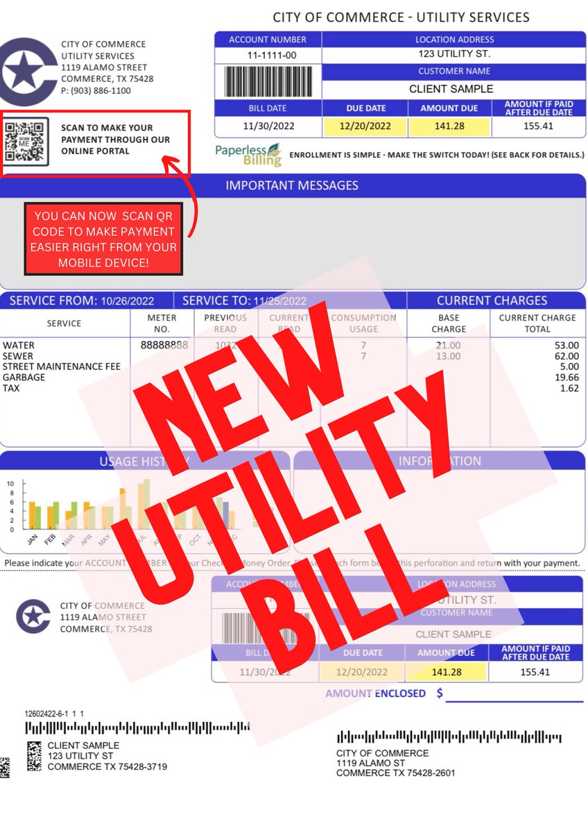 CityofCommerce2's tweet photo. Coming soon paperless billing option and payment on mobile devices via QR code on new utility bills📄!
#commercetx https://t.co/LTfq0yHDOR