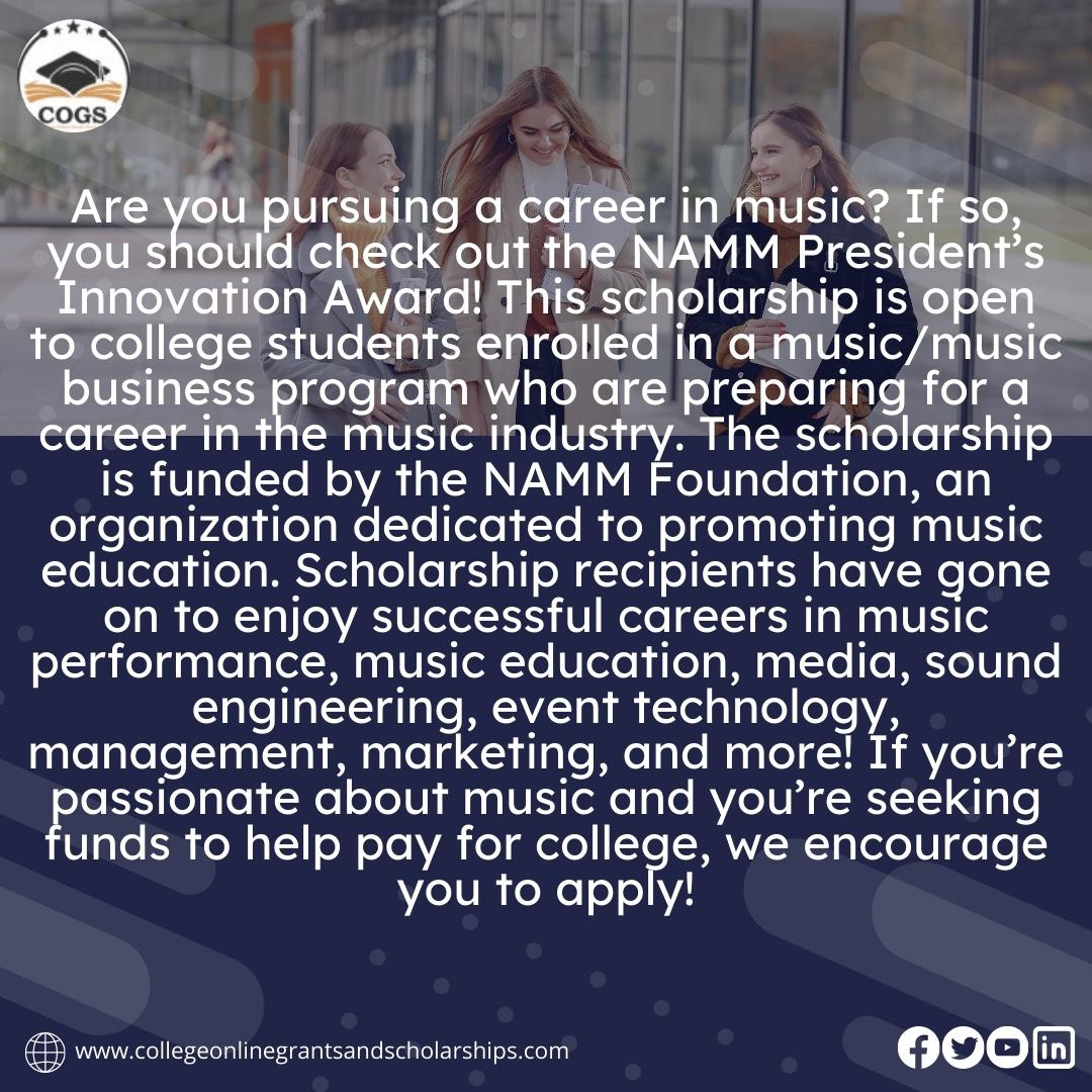 collegeonlinegrantsandscholarships | NAMM President's Innovation Scholarship
.
📝register now ——> collegeonlinegrantsandscholarships.com
.
#scholarships #scholarshipsearch #scholarships #sportscharity #CollegeOnlineGrantAndScholarships #collegescholarships #NAMMPresidentScholarship #scholarship