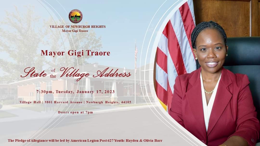 mayorgigitraore's tweet photo. Join me 7pm, Tuesday, 17 January 2023 as I deliver my first State of the Village Address!  I'll share our community successes, challenges and outline my administration's 2023 agenda.

Open to the public
Submit media inquiries to mayor@newburgh-oh.gov. https://t.co/Ggwcp38EA8