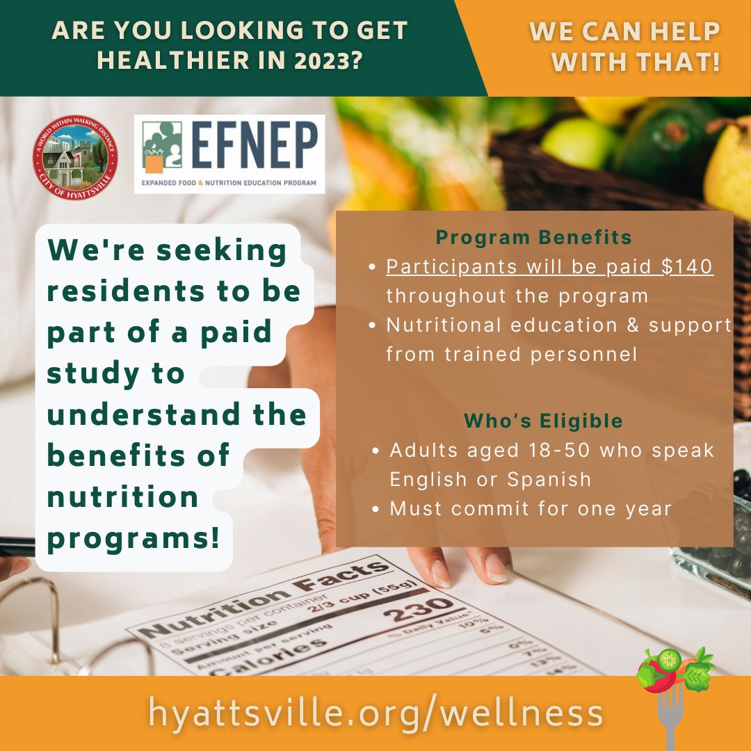 HyattsvilleMD's tweet photo. The City, in collaboration with the UMD, is seeking participants to be part of a study to understand the benefits of nutrition programs!💚😃👍Starting on Jan 30 at 10 AM at 4310 Gallatin St. To register, visit https://t.co/0TaGkFM0ck. Questions? Email community@hyattsville.org https://t.co/fzzTMrJQWQ