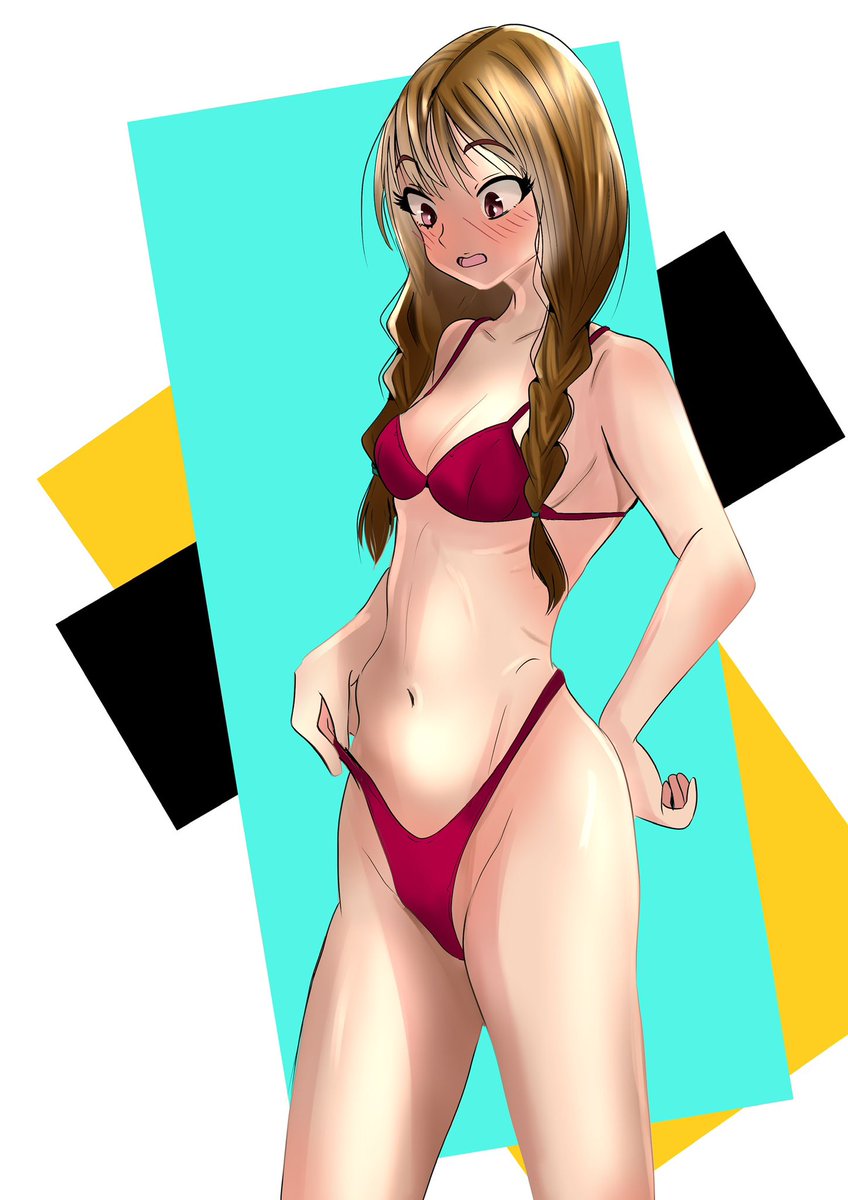 1girl bikini blush braid breasts brown eyes brown hair  illustration images
