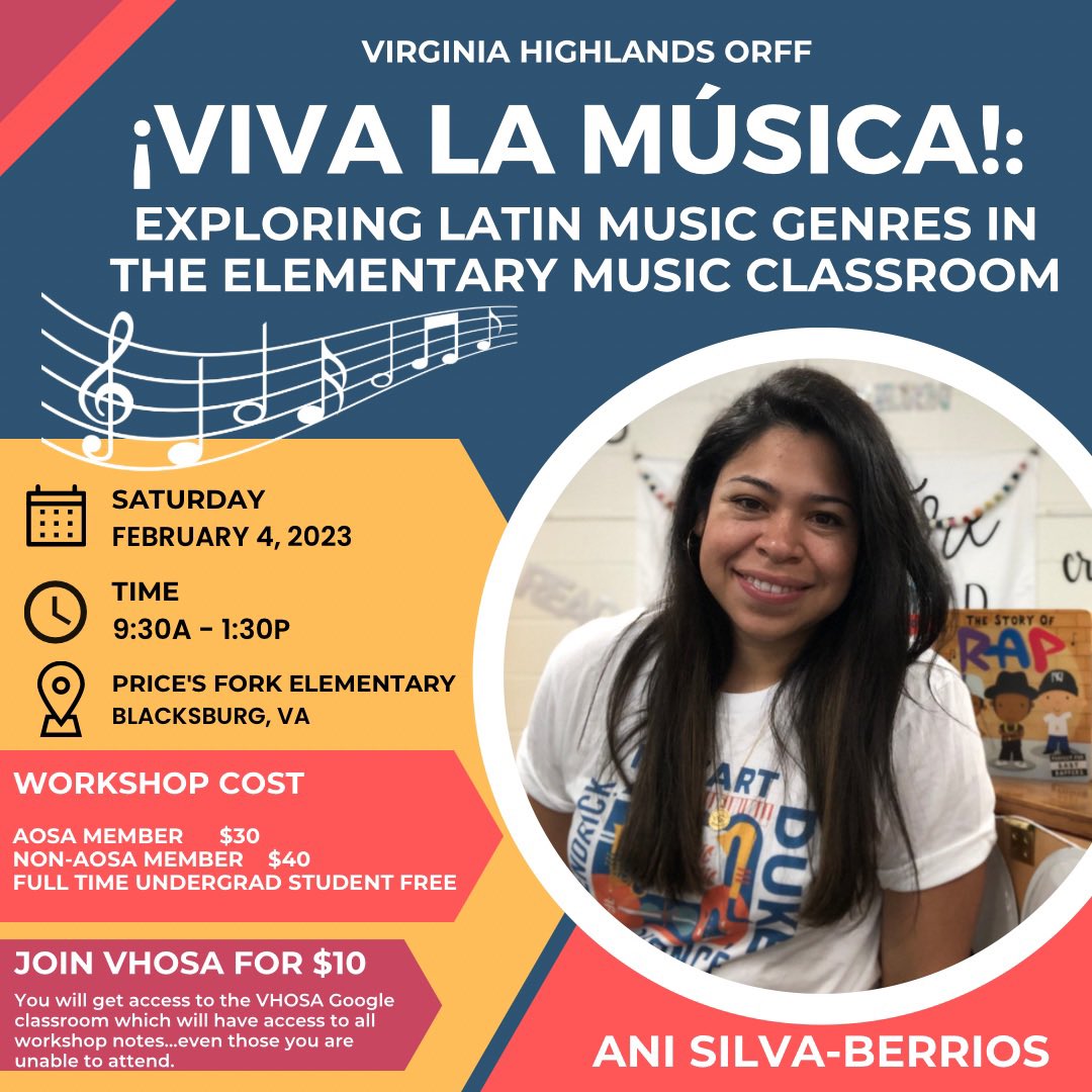 ¡Viva la Música! We have an awesome workshop coming up in Feb 4. Ani Silva- Berrios will be sharing a variety of lessons focusing on Latin American songs, games, and explore different Latin American music genres. #orff @AOSA1968 #MusicEducation #music #music #orffschulwerk