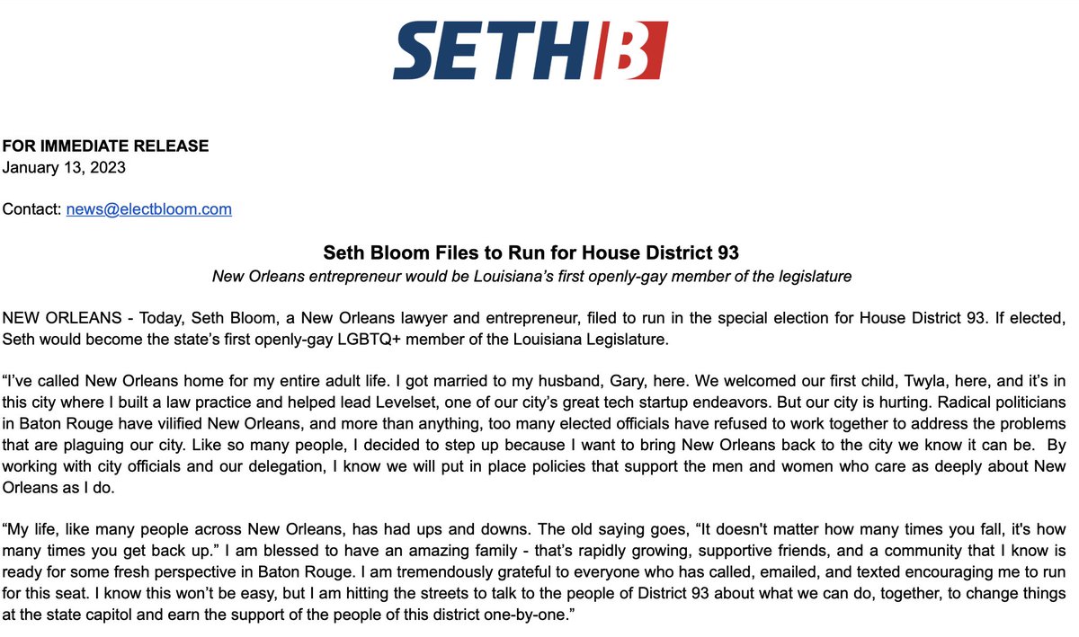 electSethB's tweet photo. I’ve called New Orleans home for my entire adult life. I got married to Gary here. We welcomed our first child here, and I launched a career here. 

I'm looking forward to fighting for the people of this city in Baton Rouge. Join me in this campaign. #lalege #hd93 https://t.co/fcIYNwyo2A