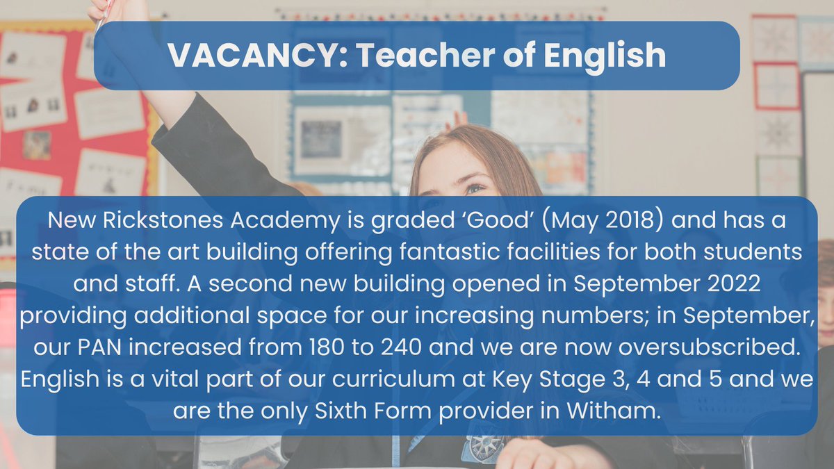 VACANCY: Teacher of English

If you are passionate about teaching English, then we want to hear from you!
 
Apply here : aet.csod.com/ux/ats/careers… 

#EnglishTeacher #Secondary #English #teachertwitter